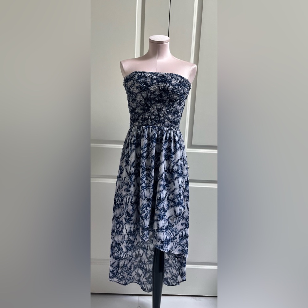 Michael Kors Navy and White Strapless Smocked High-Low Dress